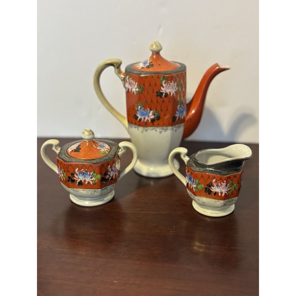 Vintage Japanese Porcelain Coffee Pot w Lid Creamer w lid & Sugar Bowl Set